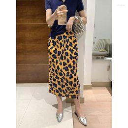 Skirts Pleated Skirt Female 2024 Summer Leopard Split Hip Wrap Mid Length O Neck High Waist Slim Solid