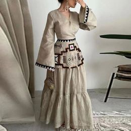 Elegant V Neck High Waist Pleated Long Dress Fashion Cotton Linen Ethnic Print Hem Female Flare Sleeve Beach ALine 240418