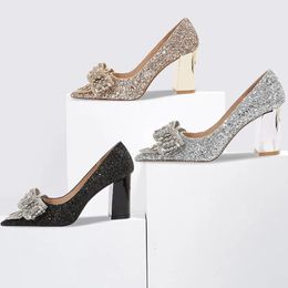 Crystal Wedding Shoes Bride Dress Bridesmaid High Heels Sequin Bow Pumps 240429