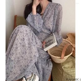 Casual Dresses Feminine Vestidos Chic Korea Clothes Women Japan Girls Floral Robe Holiday Date Retro Vintage One-Piece Lace-Up Long Maxi