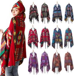 Women Bohemian Collar Plaid Hooded Blanket Cape Cloak Poncho Fashion Wool Blend Winter Outwear Shawl Scarf DDA7552961193