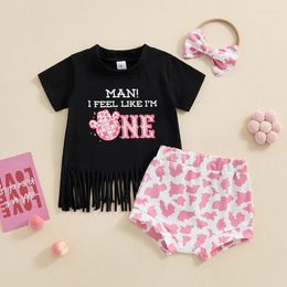 Clothing Sets Baby Girls Birthday Day Shorts Black Short Sleeve Tassel Hem Tops Cow Print Headband