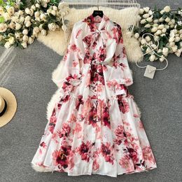 Casual Dresses Women Bow Collar Pleated Dress 2024 Spring French Gentle Retro Printed Mid-Long Style Waist-Controlled One-Piece Holiday