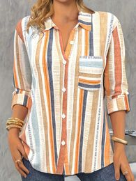 Women's T-Shirt Plus size casual shirt womens Plus striped printed button up long sleeved lapel shirtL2405