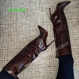 Boots Crocodile Pattern Leather Brown Casual Winter Women's Pointed Toe Stiletto Heeled Shoes 2024 Solid Back Zip Sexy