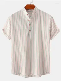 Men's Casual Shirts 2024 Summer Striped Stand Up Neck Large Shirt