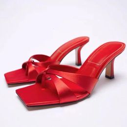 Flip Flops Women Open Toe Slippers Shallow Mouth Sandals Women Red Silk Cross Casual Fashion High Heels Claquette Femme 240409