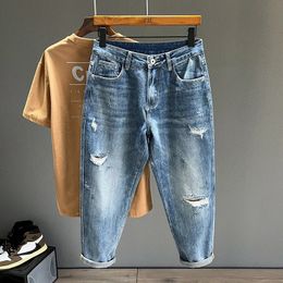 Hip Hop Jeans Men Frayed Slim Little Feet Streetwear Blue Ankle Length Denim Trousers Male Casual Fashion Retro Cropped Pants 240424