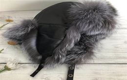 Unisex Real Silver Fox Fur Hat Russian Ushanka Winter Warm Aviator Trapper Bomber Ski Earmuffs Cap2687159