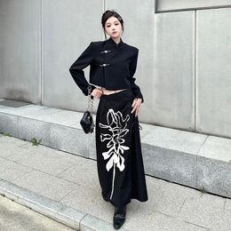 Work Dresses Insozkdg Black Women Short Shoulder Suit Jacket A-line Skirt Set Retro Chinese Printed Long Top Two-piece