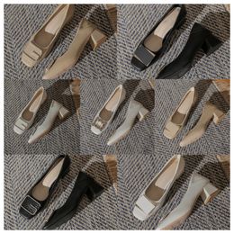 New Designer High square toe off white women fashionable comfortable middle soft soles thick heels and single shoes