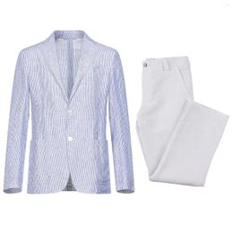 Men's Suits Suit 2Pcs Two Buttons Tuxedos Linen Pinstripe Jacket Pants Set