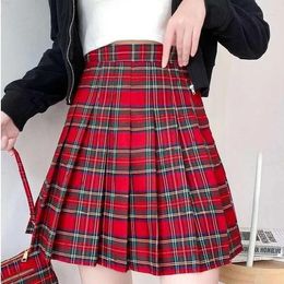 Skirts Red Plaid Pleated Skirt Women's Clothes Korean Stylish Girls School Summe Mini A Line Saias Black Skort For Women