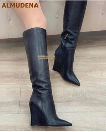 Boots ALMUDENA Black Nude Khaki Wedged Heel Knee Luxury Matte Leather Pointed Toe Zipped Long Fall Winter Dress Shoes