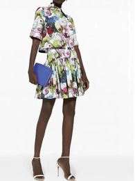 Elegant spring and summer flower lapel shortsleeved printed shirt tophigh waist big fluffy skirt fashion womens suit 240426