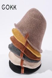 COKK Bucket Hat Women Wool Knitted Solid Colour Fisherman Hats For Women Warm Winter Hat Cap Leather Label Vintage Korean Gorros 227749272