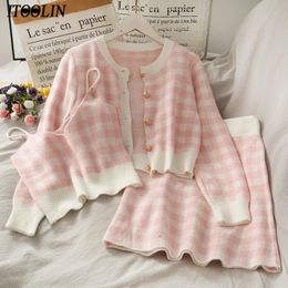 ITOOLIN Sweet Women Three-Piece Set Plaid Pink Spring Cardigan Sweater Short Strape Camis Two Piece Bodycon Mini Skirt 240425