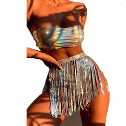 Work Dresses Holographic Club Women 3 Piece Set Sequins Fringe Skirt Sexy Panties Strapless Tube Tops Music Festival Rave Beach Party Outfit