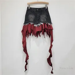 Skirts Design Sense Black And Red Plaid Stitching Irregular A- Line Dark Punk Denim Short Skirt Ruffled For Women