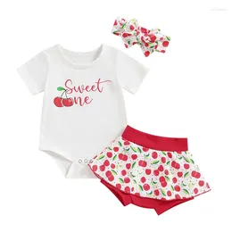 Clothing Sets Infant Born Baby Girl Summer Clothes Cherry Print Short Sleeve Romper Shorts 3pc Outfits