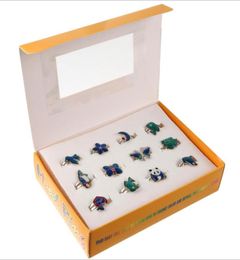 Kids Christmas presents mixed Cartoon animals 12pcs mood rings butterfly,,heart,peace dove fashion rings Jewellery including box2147313