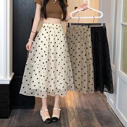 Skirts TingYiLi Vintage Polka Dot Midi Long Skirt Women Elastic High Waist A-line Summer Korean Style Cute Beige Black