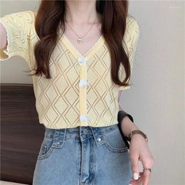 Women's Knits Plaid V Neck Cardigan Basic Women Korean Style T Shirts Bow Patchwork Harajuku Short Sleeve Casual Y2k Clothes Chic Elegant