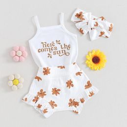 Clothing Sets Born Baby Girl Clothes Sleeveless Knit Floral Print Romper Top Ruffle Shorts 2PCS Cute Summer Outfit