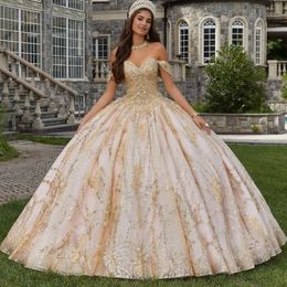 Champagne Off The Shoulder Beads Tull Ball Gown Quinceanera Dresse Sweet 16 Prom Party Dresses Crystals Vestidos De 15 Anos