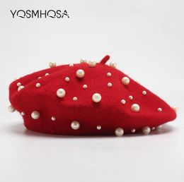 Berets Fashion Women Red Wool Beret Winter Pearl Hats French Hat Femme Baret Cap Girl Ladies Autumn WH6955093210