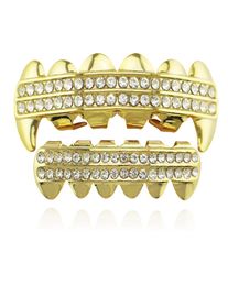 Punk Gold Teeth Grillz 2 Row Iced Out Grills Dental Hip Hop Vampire Fangs Teeth Caps Halloween Party Body Jewelry8205401