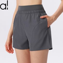 Al Womens Yoga Shorts Summer Fitness Sports Short Pants High-midjande hudvänlig snabb-torr andas ut utomhusträning som kör avslappnade lösa svettbyxor med fickor