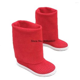 Boots Red Suede Leather Hidden Wedge Slip-on Platform Women Height Increased Knee High Female Long