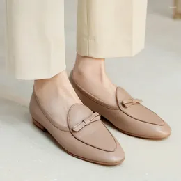 Casual Shoes Soft Genuine Leather Round Toe Flats Basic Style Women Loafers Simple Flat Daily Mules Spring Autumn Bowtie