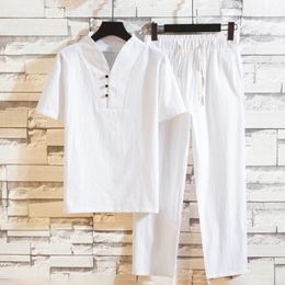 Arrival Mens Cotton and Linen Short Sleeve T-shirtAnkle Length Pant Set Solid ShirtTrousers Home Suits Male Size S-3XL 240420