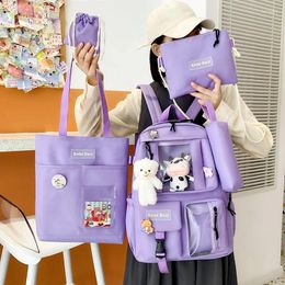 School Bags 5-Piece Fashion Women's Backpack: Pure Color Cute Cartoon Student Bag Canvas Large Capacity Lightweight Travel Backpacks