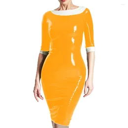 Party Dresses Elegant Round Neck Patchwork Half Sleeve PVC Shiny Dress Womens Slim Fit Knee-Length Female Fashion Street Wetlook