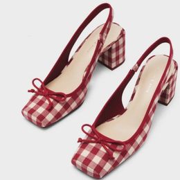 Women Chunky Heeled Sandals Retro Square Toe Mary Janes Pumps Shoes Slingbacks Spring Summer High Heels Baotou Plaid Shoes 240425