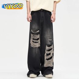 Mens Ripped Black Jeans Harajuku Wide Leg Pants Denim Baggy Y2K Cargo Streetwear Koean Style Clothes Gothic 240426