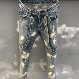 2024 Spring Men Blue Jeans Hole Patchwork Men Jean Hombre Motorcycle Pant Streetwear Print Ripped Jean Elastic Jeans For Men 240420