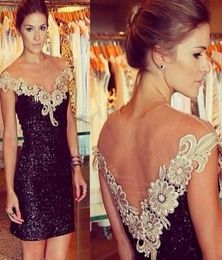 Sexy Black Sequined Mini Cocktail Dresses with VNeck Lace Appliqued Short Prom Party Dresses Open Back Club Wear vestido de forma6328882