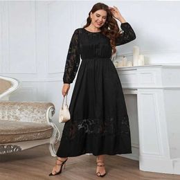 Basic Casual Dresses Plus size lace womens dress wearing long sleeves patchwork gauze collar solid Colour dress elegant autumn womens clothingL2405