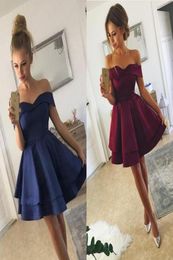 Popular Dark Red Short Prom Dresses Sweetheart Off The Shoulder Ruffles Satin Short Party Dresses Navy Blue Evening Dress6784553