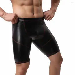 Men's Shorts Summer Faux Leather Fashion Middle Waist Black 5-Point Sexy Tight Short Pants Fitness Sports Male Boxer