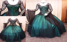 Vintage Black and Green Gothic Wedding Dress 2018 Long Sleeve Steampunk Victorian Whitby Goth Lace up Plus Size Wedding bridal gow4703310