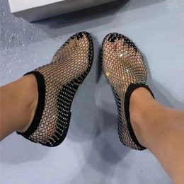 Shiny Mesh Low Heel Sandals Woman Summer Flats Luxury Crystal Shoes Stretchy Sexy Cold Boots Sandalias Mujer 240418
