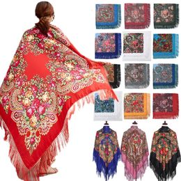 Beautiful Floral Square Scarf with Tassels Bohemian Beach Shawl Muslim Arab Women Hijab Head Wrap Scarves Shayla Ethnic Headwear 240416