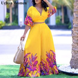 Summer Fashion Chiffon Printing Two Piece Set Women Elegant V-neck Short Sleeve Short Top Pleated Wide Leg Pants Two Piece Set 240426