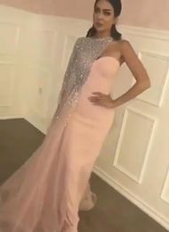 2017 Prom Dresses Matte Pink Sheath Split Evening Gowns with Blingbling Silver Sequined Beaded Asymmetrical One Shoulder Cape and 6227021