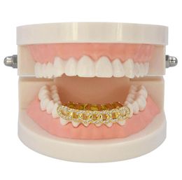 18K Gold Plated Iced Out Brass Crystal Cuba Link Top Teeth Grillz Hip Hop Bling Body Jewelry6082147